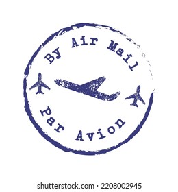 Beautiful grungy old rubber post stamp By Air Mail with a plane vector