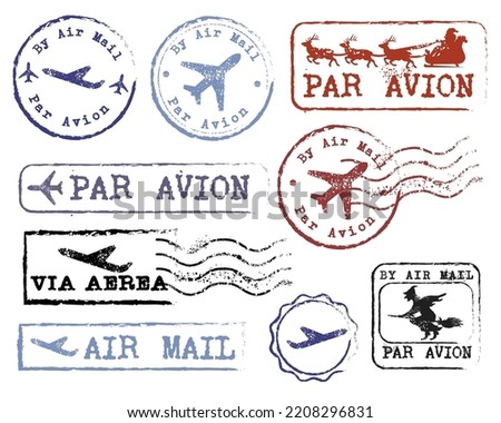 Beautiful grungy old rubber post stamp By Air Mail with a plane vector set