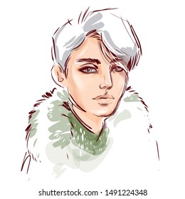 Beautiful guy model face portrait. Young handsome asian man with makeup and stylish hairstyle. Hand drawn fashion illustration. Watercolor sketch.