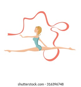Beautiful gymnast girl performing with ribbon. Vector illustration