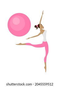 Beautiful gymnastic girl jumping and dancing with ball. Isolated icon. Vector illustration.