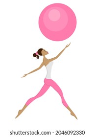 Beautiful gymnastic girl jumping and dancing with ball. Isolated icon. Vector illustration.