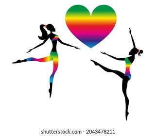 Beautiful gymnastic girls jumping and dancing with rainbow heart. LGBT concept, pride, diversity, homosexuality. Lesbian couple. Vector illustration.