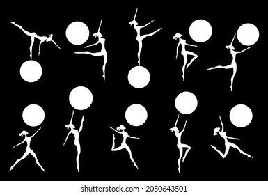 Beautiful gymnastic girls white silhouette jumping and dancing with ball on black background. Isolated icon set collection. Alpha channel. Vector illustration.