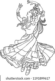 A beautiful Gypsy in a long dress whirling in a dance. 
A nice girl dancing alone.
Hand drawn monochrome vector illustration.