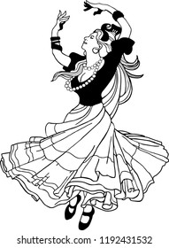 A beautiful Gypsy in a long dress whirling in a dance. 
A nice girl in a black shirt dance alone.
Hand drawn monochrome vector illustration.