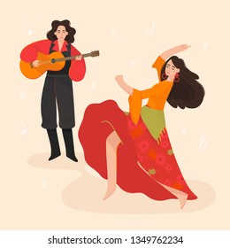 Beautiful gypsy woman dancing and gypsy man playing guitar. Vector flat cartoon illustration