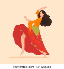 Beautiful gypsy woman dancing in red skirt and orange shirt. Vector flat cartoon illustration