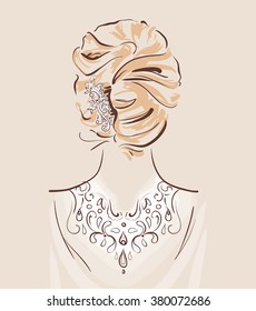 Beautiful hair accesories for wedding. Bride with her hair done and decorated. View from the back. Bridal fashion. Vector illustration eps 10