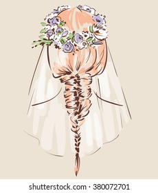 Beautiful hair accesories for wedding. Bride with her hair done and decorated. View from the back. Bridal fashion. Vector illustration eps 10