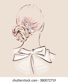 Beautiful hair accesories for wedding. Bride with her hair done and decorated. View from the back. Bridal fashion. Vector illustration eps 10