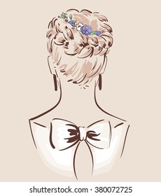 Beautiful hair accesories for wedding. Bride with her hair done and decorated. View from the back. Bridal fashion. Vector illustration eps 10