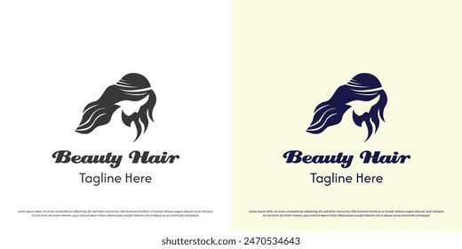 Beautiful hair woman logo design illustration. Silhouette spa salon hair female beauty fashion lifestyle skincare treatment. Simple minimal elegant luxury feminine model figure  icon symbol.