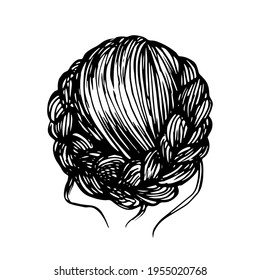 Beautiful hairstyle with hair in form spit. Romantic vector hairstyle logo icon isolated on white. Fashion braid girl illustration.