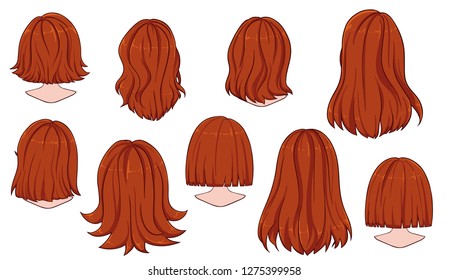 Beautiful hairstyle of woman hair. Rear view. modern fashion for assortment. long hair, short hair, curly hair salon hairstyles and trendy haircut vector icon set isolated on white background.