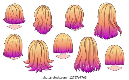 Beautiful hairstyle of woman hair. Rear view. modern fashion for assortment. long hair, short hair, curly hair salon hairstyles and trendy haircut vector icon set isolated on white background.