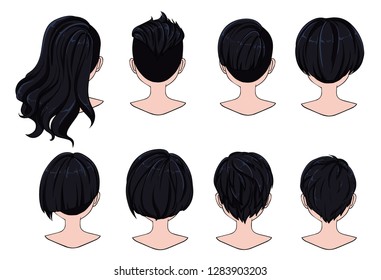 Beautiful hairstyle of woman hair. Rear view. modern fashion for assortment. long hair, short black hair salon hairstyles and trendy haircut vector icon set isolated on white background.