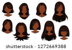 Beautiful hairstyle woman modern fashion for assortment. Dark brown long, short, curly hair salon hairstyles and trendy haircut vector icon set isolated on white background. Hand drawn illustration. 