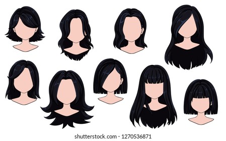 Beautiful hairstyle woman modern fashion for assortment. Black long, short hair, curly hair salon hairstyles and trendy haircut vector icon set isolated on white background. Hand drawn illustration. 