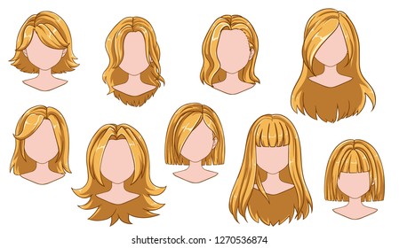 Beautiful hairstyle woman modern fashion for assortment. Blonde long, short hair, curly hair salon hairstyles and trendy haircut vector icon set isolated on white background. Hand drawn illustration. 