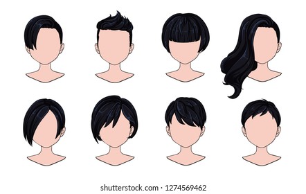 Beautiful hairstyle woman modern fashion for assortment. Black short hair, curly hair salon hairstyles and trendy haircut vector icon set isolated on white background. Hand drawn illustration. 