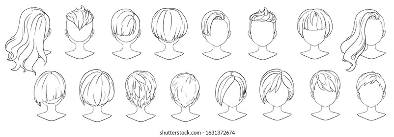 Beautiful hairstyle woman modern fashion for assortment. Short hair, curly hair salon hairstyles and trendy haircut vector icon set isolated on white background. Hand drawn illustration. 