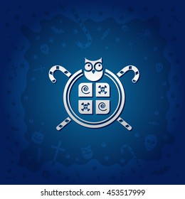Beautiful Halloween background with golden gift box and owl design and skulls, crosses, ghosts, zombies, coffins, bats and candies