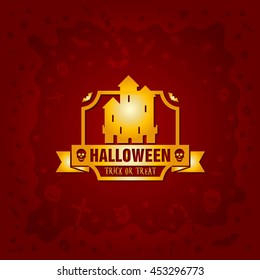 Beautiful Halloween background with golden gothic vampire castle design and skulls, crosses, ghosts, zombies, coffins, bats and candies