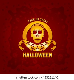 Beautiful Halloween background with golden skull and candies design and crosses, ghosts, zombies, coffins, bats and candies