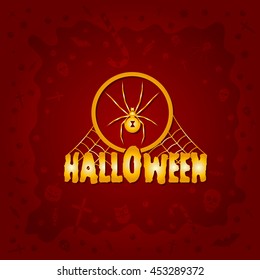 Beautiful Halloween background with golden spider design and skulls, crosses, ghosts, zombies, coffins, bats and candies