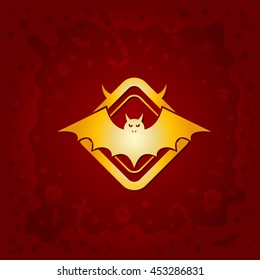 Beautiful Halloween background with golden vampire bat design and skulls, crosses, ghosts, zombies, coffins, bats and candies