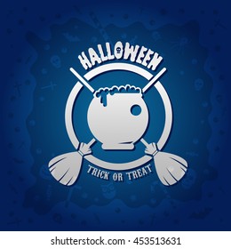 Beautiful Halloween background with golden witch cauldron design and skulls, crosses, ghosts, zombies, coffins, bats and candies