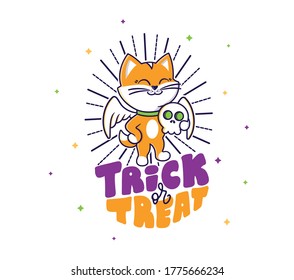 Beautiful Halloween card of cat an angel with skull. Cute design for prints, stickers, ads, clothes, posters party and etc. Trick or Treat - lettering phrase. Vector illustration on white background