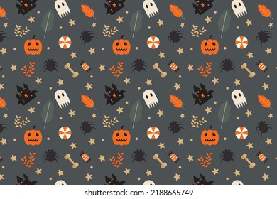 Schöne Halloween-Elementmuster-Vektorgrafik auf dunklem Hintergrund. Halloween endloses Musterdesign für Buchumschläge, Hintergründe und Wickelpapiere. Halloween-Musterdekoration mit Kürbis und Geist