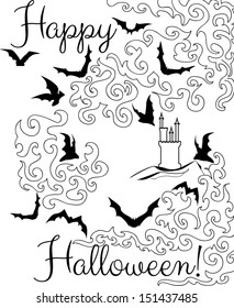 Beautiful Halloween graphic card with flying bats "Happy Halloween". 