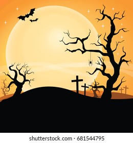 Beautiful Halloween greeting card or poster background in silhouette style with scary tree, cross and bat on big shining moon.