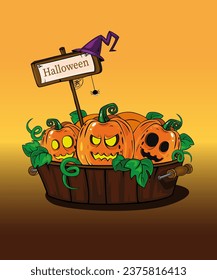 Beautiful Halloween illustration with mystic pumpkins in wood tub . Great element for your poster design.