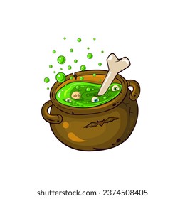 Beautiful Halloween illustration with mystic witch's cauldron with green toxic potion and bones . Great element for your poster design.