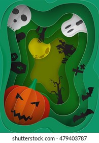 Beautiful Halloween paper art 3d background vector illustration