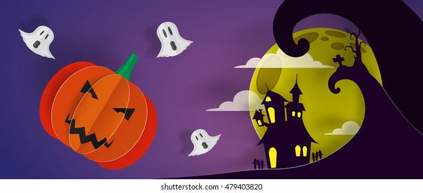 Beautiful Halloween paper art 3d background vector illustration