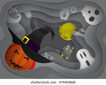 Beautiful Halloween paper art 3d background vector illustration