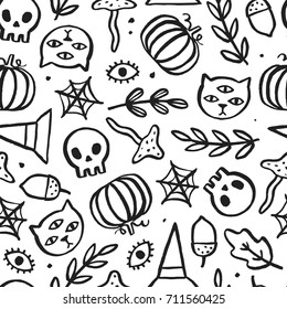 Beautiful Halloween seamless pattern. Cats, mushrooms, skulls etc. Vector hand drawn cute illustration