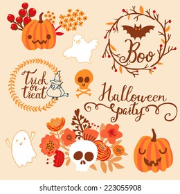 Beautiful halloween set in vector. Cartoon holiday elements in bright colors