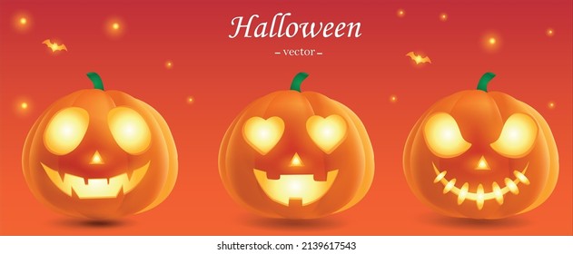 beautiful halloween vector and 3D animated pumpkins  isolated vector and glowing bats   yellow stars  background and gradient  illustration halloween day 