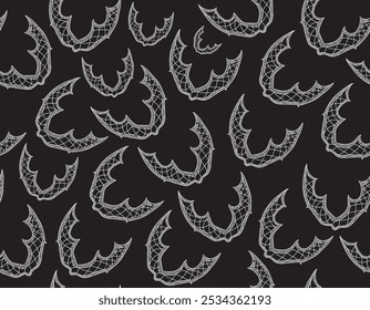 Lindo vetor de Halloween padrão sem costura com manuscrito voando figurado lacy morcegos