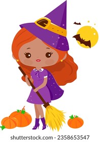 Beautiful Halloween witch with magical broom and pumpkins. Vector illustration