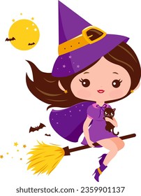 Beautiful Halloween witch with magical broom flying in the night sky. Vector illustration