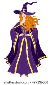 Beautiful halloween witch posing in vintage dress in celtic style, colorful vector illustration isolated on white background