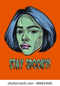Beautiful Halloween Zombie Girl in Pastel shades saying Stay Spooky / Vector illustration 