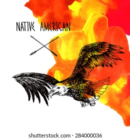 Beautiful han drawn sketch illustration eagle and watercolor